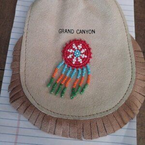Leather Beaded Poke - Drawstring Bag - Grand Canyon Print